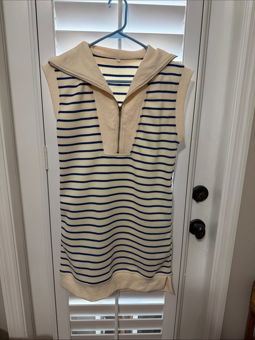 Sleeveless Striped Knit Polo Dress in Cream and Navy